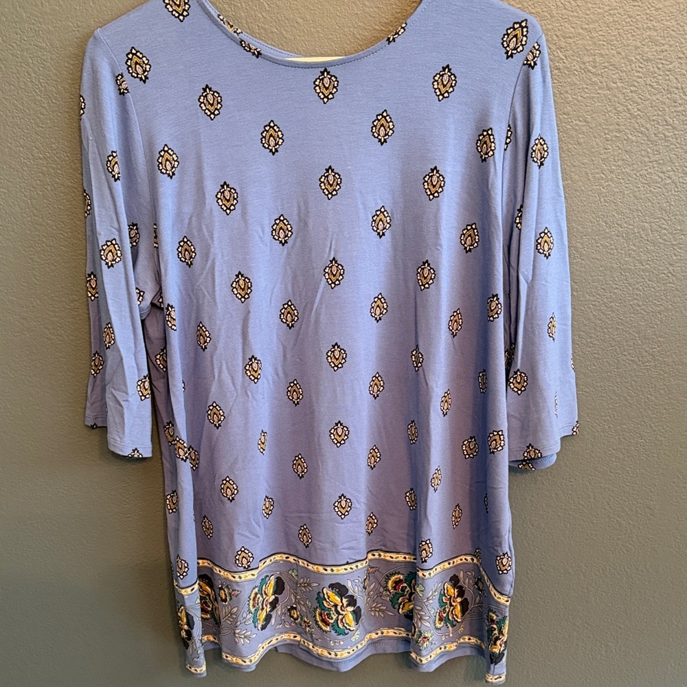 J.Jill Size L Light Blue Floral Border 3/4 Sleeve Women's Top